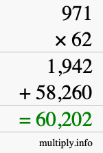 How to calculate 971 times 62 using long multiplication