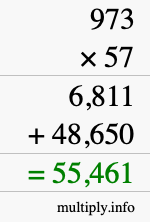How to calculate 973 times 57 using long multiplication
