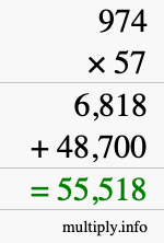 How to calculate 974 times 57 using long multiplication