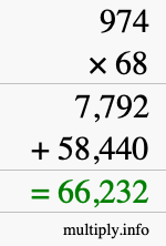 How to calculate 974 times 68 using long multiplication