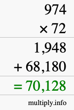 How to calculate 974 times 72 using long multiplication