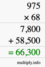 How to calculate 975 times 68 using long multiplication