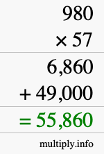 How to calculate 980 times 57 using long multiplication