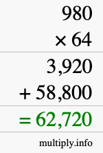 How to calculate 980 times 64 using long multiplication
