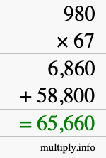 How to calculate 980 times 67 using long multiplication