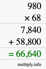 How to calculate 980 times 68 using long multiplication