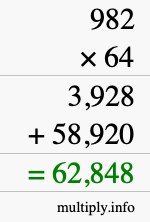 How to calculate 982 times 64 using long multiplication