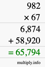 How to calculate 982 times 67 using long multiplication