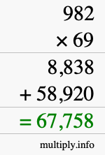 How to calculate 982 times 69 using long multiplication