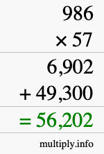 How to calculate 986 times 57 using long multiplication