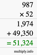 How to calculate 987 times 52 using long multiplication