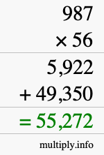 How to calculate 987 times 56 using long multiplication