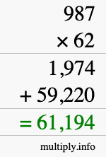 How to calculate 987 times 62 using long multiplication