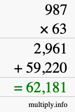 How to calculate 987 times 63 using long multiplication