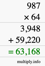 How to calculate 987 times 64 using long multiplication