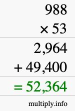 How to calculate 988 times 53 using long multiplication