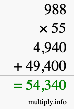How to calculate 988 times 55 using long multiplication