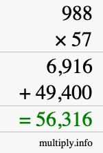 How to calculate 988 times 57 using long multiplication