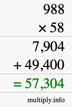 How to calculate 988 times 58 using long multiplication