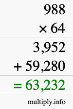 How to calculate 988 times 64 using long multiplication
