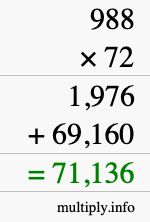 How to calculate 988 times 72 using long multiplication