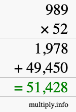 How to calculate 989 times 52 using long multiplication