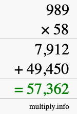 How to calculate 989 times 58 using long multiplication