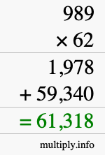 How to calculate 989 times 62 using long multiplication