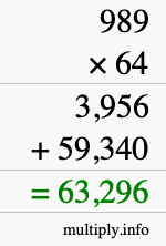 How to calculate 989 times 64 using long multiplication