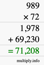 How to calculate 989 times 72 using long multiplication