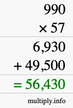 How to calculate 990 times 57 using long multiplication