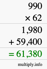 How to calculate 990 times 62 using long multiplication