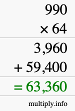 How to calculate 990 times 64 using long multiplication