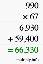 How to calculate 990 times 67 using long multiplication