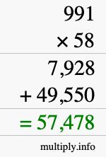 How to calculate 991 times 58 using long multiplication