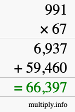 How to calculate 991 times 67 using long multiplication