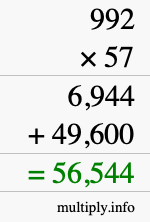 How to calculate 992 times 57 using long multiplication