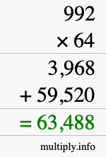 How to calculate 992 times 64 using long multiplication