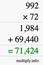 How to calculate 992 times 72 using long multiplication