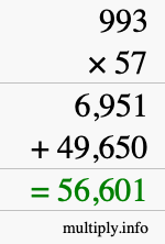 How to calculate 993 times 57 using long multiplication
