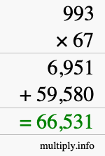 How to calculate 993 times 67 using long multiplication