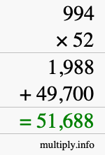 How to calculate 994 times 52 using long multiplication How to calculate 994 times 52 using long multiplication