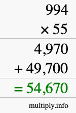 How to calculate 994 times 55 using long multiplication