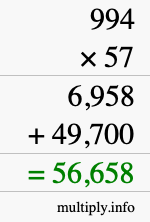 How to calculate 994 times 57 using long multiplication