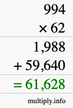 How to calculate 994 times 62 using long multiplication