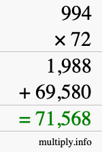 How to calculate 994 times 72 using long multiplication