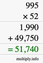 How to calculate 995 times 52 using long multiplication