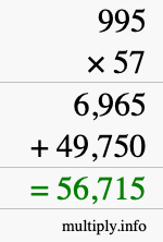 How to calculate 995 times 57 using long multiplication