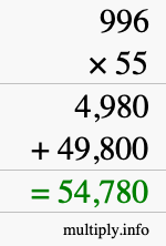 How to calculate 996 times 55 using long multiplication