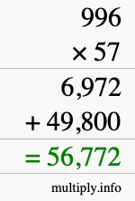 How to calculate 996 times 57 using long multiplication